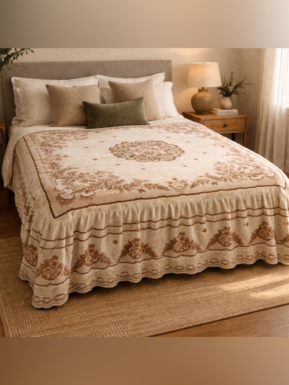 Vintage Floral Bedspread – Neutral Brown Cream Throw / Queen Layered Textile